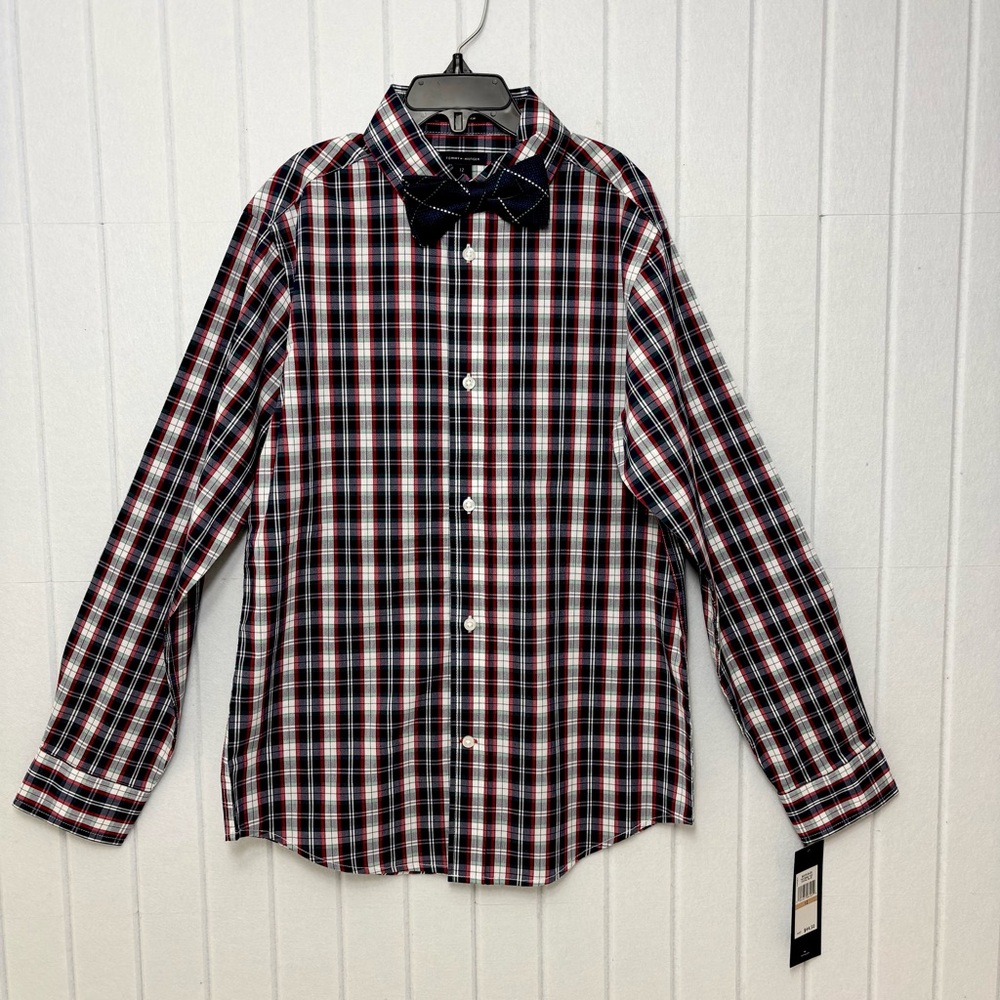 Tommy Hilfiger Kids Navy and Red Plaid Checkered‎ Shirt with Bow Tie size 12 NEW